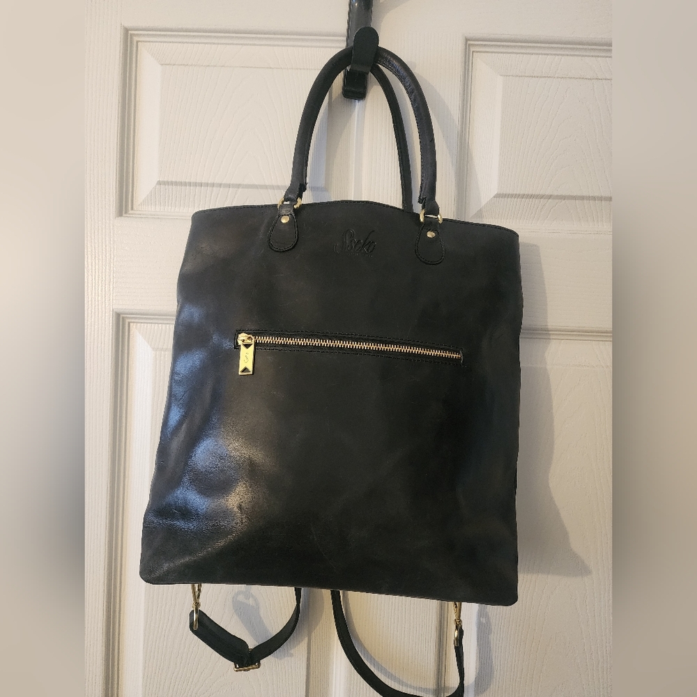 Sseko Black 100% Leather Tote Bag with Gold Accents